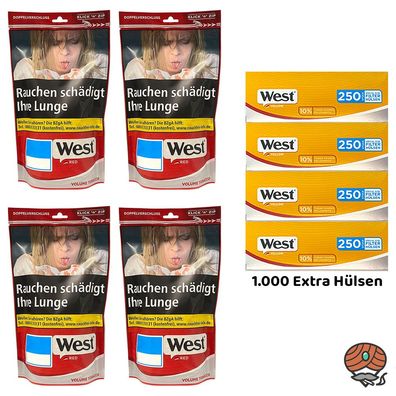 West Red/Rot Volumentabak Beutel 4x 95g + 1000 Yellow Extra Hülsen