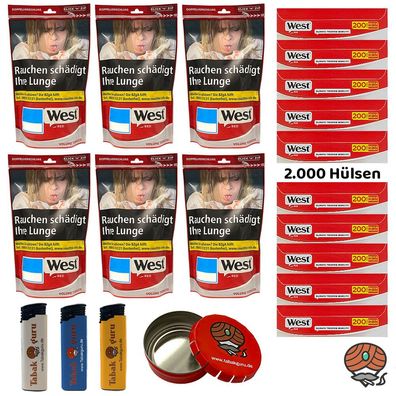 West Red / Rot Volumentabak 6x 95g, 2000 Hülsen, Taschenaschenbecher, Feuerzeuge