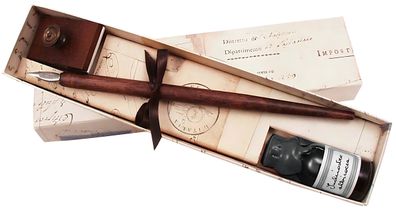 HolzFederhalter mit Feder 10 ml Tinte Rubinato-schwarz und Löschwiege