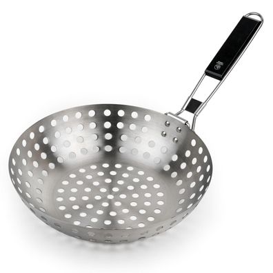 Kleiner Edlestahl Grill Wok Ø ca. 15 cm Stielwok gelocht klappbarer Holz-Griff
