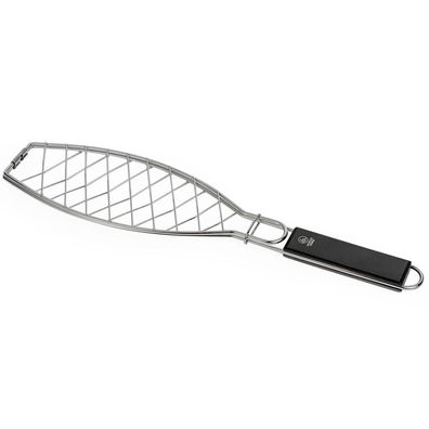 Großer Edelstahl Grillkorb 45cm für Fisch & Holzgriff BBQ Fischzange Grillgitter