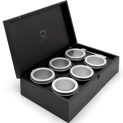 Bredemeijer schwarze Holz-Teebox 35 x 21 cm & 6 Dosen für losen Tee & Messlöffel
