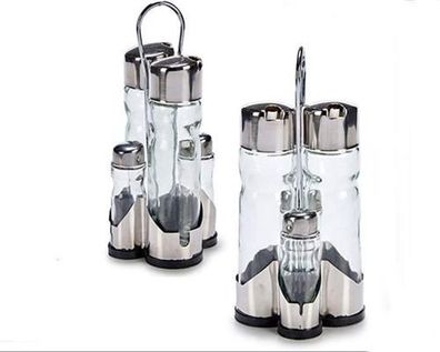 Menage Set 4tlg Essig Öl Salz Pfeffer Gewürzset Spender Edelstahl Glas Vival4