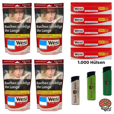 West Red/Rot Volumentabak Beutel 4x 95g, 1000 Hülsen, 3 Feuerzeuge