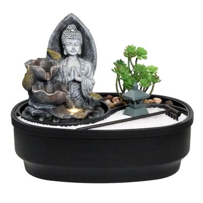 Zimmerbrunnen mit LED-Beleuchtung, Dekobrunnen Buddha Namaste für die Wohnung