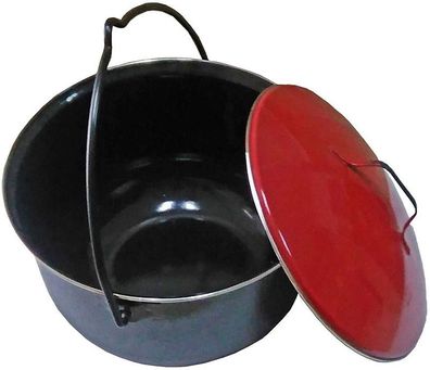 Gulaschtopf 14 L schwarz mit rotem Deckel, Gulaschkessel für Schwenkgrill, Emailliert