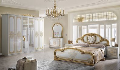 Barock Schlafzimmer-Set Clara in Weiß/Gold 6-Teilig