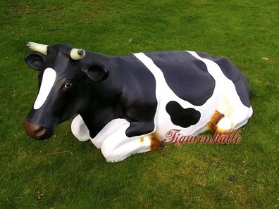 Kuh liegend Figur schwarz bunt Statue Skulptur Gartenfigur Garten groß Deko