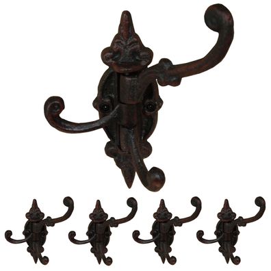 Set aus 5 drehbaren Garderobenhaken Gusseisen Landhaus Antik Schwarz Braun