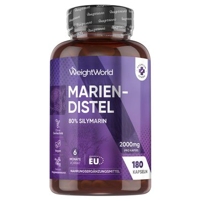 Mariendistel Kapseln - 2000mg Pulver - Mit 80% Silymarin - 180 vegane Stück