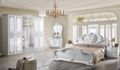 Barock Schlafzimmer-Set Clara in Weiß/Silber 6-Teilig