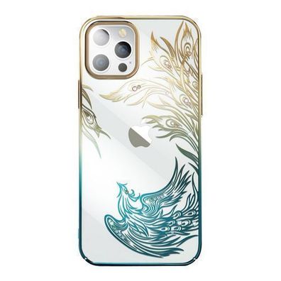 Elegante iPhone 14 Huelle mit Kristallen von Kingxbar Phoenix - Gold-Blau