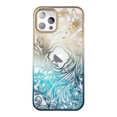 Luxurioese iPhone 14 Huelle mit Kristallen - Kingxbar Phoenix Gold-Blau