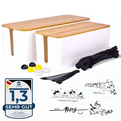 Kabelbox Kabelaufbewahrung Steckdosen verstecker mit Bambusdeckel weiß, 2er-Set