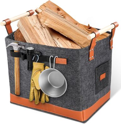 Holzkorb aus Filz für Kaminholz 50 L, Filztasche mit Holzgriff, Aufbewahrung Filz