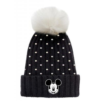 Mickey Mouse Wintermütze mit Glitzer- Steinen, Logo und Bommel - Größe: 56