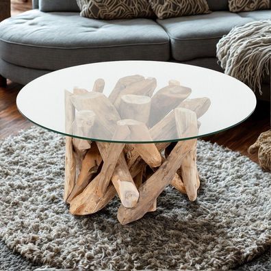 Teak Couchtisch TORA-rund ca. D90cm Wohnzimmertisch Glastisch Holztisch Tisch