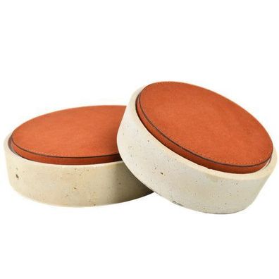 Travertin-Dose - rund mit Lederdeckel - Terracotta Aufbewahrungsdose Naturstein Schmu