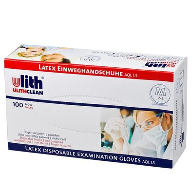 ULITH Latex Einweghandschuhe AQL1.5 puderfrei 100 Stück in Spenderbox