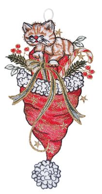 Fensterbild Weihnachten Plauener Spitze Fensterdekoration Katze Mütze Rot 31 cm