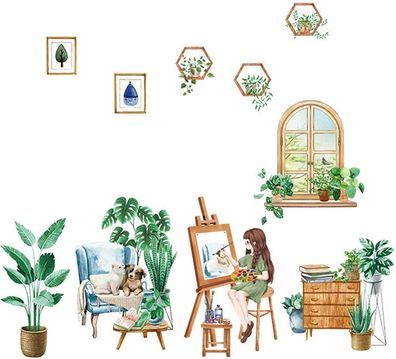 Wandtattoo Wandaufkleber Fensteraufkleber Pflanzen Fensterbrett mit Mädchen-Motiv
