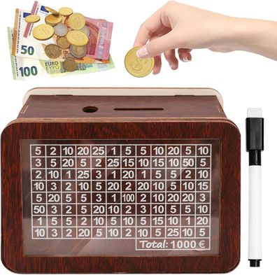 Sparbox aus Holz mit Zahlen zum Ankreuzen mit Sparziel 1000€, 2000 € und 3000 €