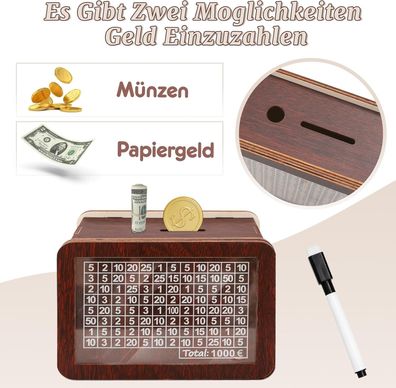 Sparbox aus Holz mit Zahlen zum Ankreuzen mit Sparziel 1000€, 2000 € und 3000 €