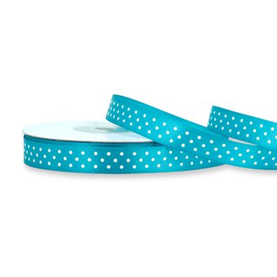 Satinband mit Punkten 12mm x 25m Rolle Türkis / Weiß