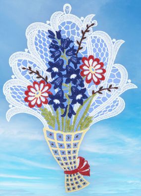Fensterbild Plauener Spitze Frühling Hyazinthe Fensterdekoration Blume Blau 34cm