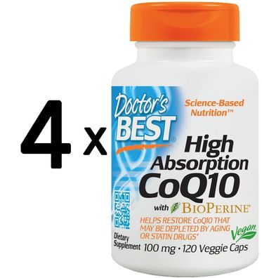 4 x Doctors Best High Absorption CoQ10 with BioPerine, 100mg - 120 vcaps