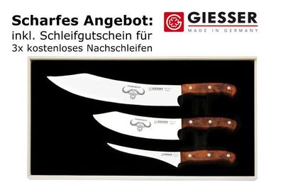 Giesser Messer PremiumCut 3er Set BBQ Messer 30cm 20cm 17cm Thujaholz Braun