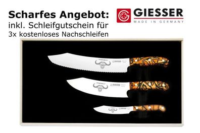 Giesser Messer PremiumCut 3er Set BBQ Messer 25cm 20cm 10cm Acryl Spicy Orange