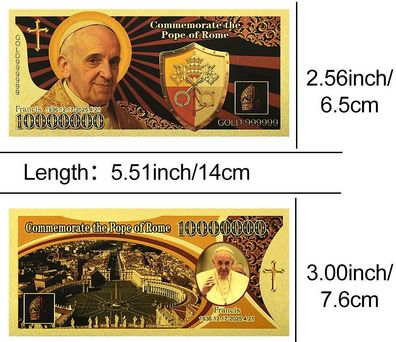 1 Million Fake Dollar/ Souvenier Schein/ Goldfolie mit Farbe/Papst Franci (DS0710259)
