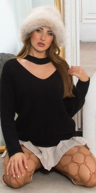 SeXy Miss Pullover Damen Strick V Pulli Neckband lässig 36/38/40 Schwarz neu0