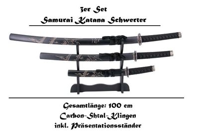NEU 3er Set Samurai Katana Schwerter Black 100cm + 77cm + 52cm für Cosplay Deko