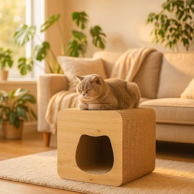 QLS Kratzmöbel 3in1 für Katzen Wellpappe 38×39×39 cm Liege Höhle Kratzbrett 11383