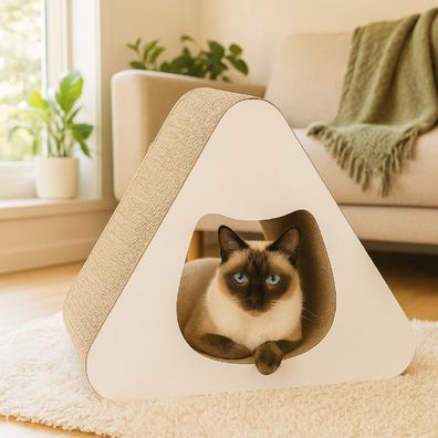 QLS Kratzmöbel 3in1 für Katzen Wellpappe 34×42×34cm Weiß Liege Höhle Kratzbrett 11384