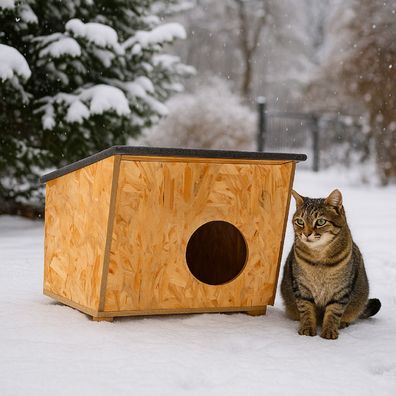 QLS Katzenhaus aus OSB mit abnehmbarem Dach 54x43x34 cm wetterfest & robust 11386