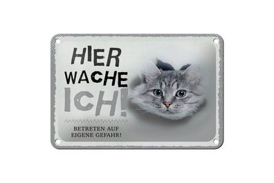 Blechschild Katze hier wache ich, 4 verschied Größen, Blechschilder Spruch Kater