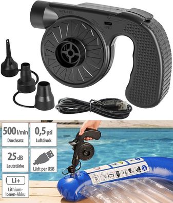 NEU Akkuluftpumpe + 3 Ventil Aufsätzen USB 500L/Min für Sport Freizeit Camping