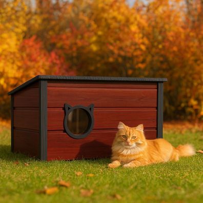 QLS Isoliertes Katzenhaus aus Holz 73×52×38 cm mit Vorhang Wetterfest Braun 11389