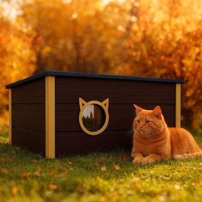 QLS Isoliertes Katzenhaus aus Holz 73×52×38 cm mit Vorhang Wetterfest Braun 11390