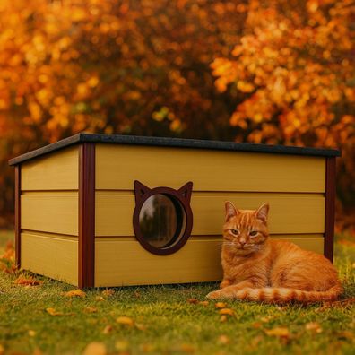 QLS Isoliertes Katzenhaus aus Holz 73×52×38 cm mit Vorhang Wetterfest Beige 11391