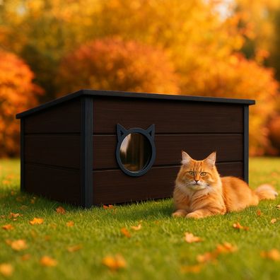 QLS Isoliertes Katzenhaus aus Holz 73×52×38 cm Vorhang Wetterfest Dunkelbraun 11392