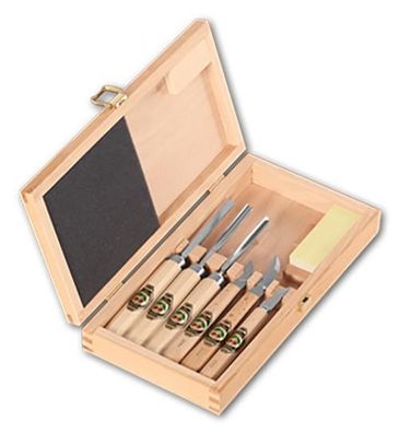 Kirschen Kerbschnitzbeitelsatz im Holzkasten 7-tlg. inkl. 3 Schnitzmesser 3437000