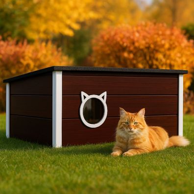 QLS Isoliertes Katzenhaus aus Holz 73×52×38 cm Vorhang Wetterfest Braun Weiß 11393