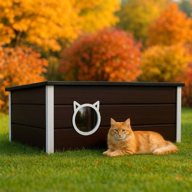 QLS Isoliertes Katzenhaus aus Holz 73×52×38 cm mit Vorhang Wetterfest Braun 11394