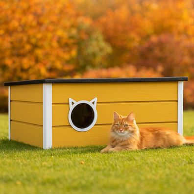 QLS Isoliertes Katzenhaus aus Holz 73×52×38 cm mit Vorhang Wetterfest Honiggelb 11395