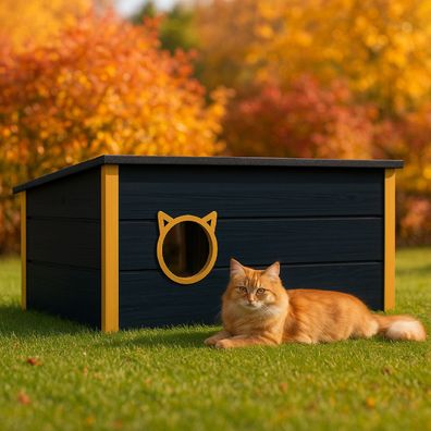 QLS Isoliertes Katzenhaus aus Holz 73×52×38 cm Vorhang Wetterfest Dunkelgrau 11396