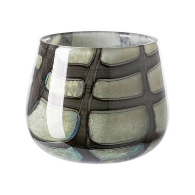 Fink rundes Glas-Windlicht Ø 14 cm grün-schwarz gemusterter Teelichthalter